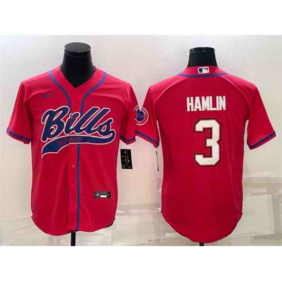 Men Buffalo Bills 3 Damar Hamlin Red With Patch Cool Base Stitched Baseball Jersey